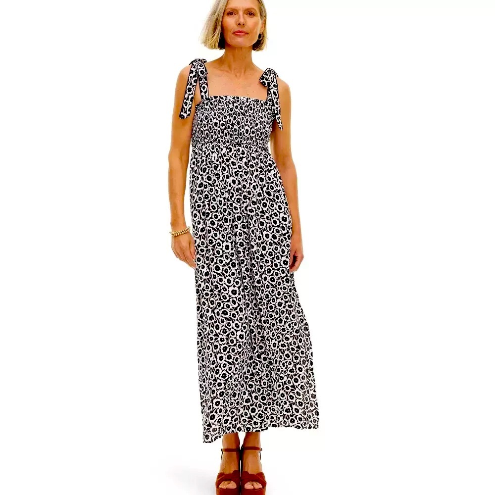 Diane Von Furstenberg DVF Target Smocked Tie Strap Neutral Poppy Midi Dress
